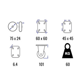 Swivel castor with thermoplastic rubber, steel fork and plate mount, 75 mm diameter