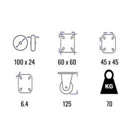 Zwenkwiel met thermoplastisch rubber, stalen gaffel en plaatbevestiging, 100 mm diameter