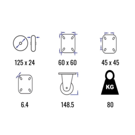 Bokwiel met thermoplastisch rubber, stalen gaffel en plaatbevestiging, 125 mm diameter