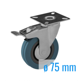 Swivel castor with brake, of solid rubber, with steel fork and plate mount, 75 mm diameter