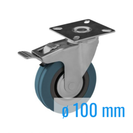 Swivel castor with brake, of solid rubber, with steel fork and plate mount, 100 mm diameter