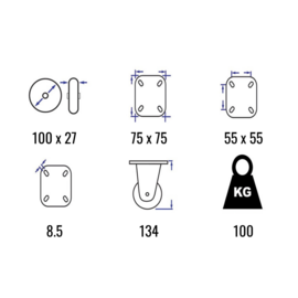 Swivel castor with thermoplastic rubber, polypropylene rim, steel fork and plate mount, 100 mm diameter