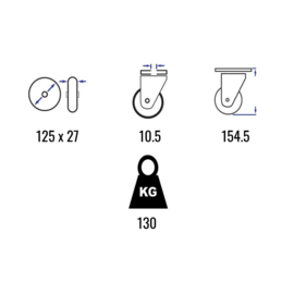 Lenkrolle mit thermoplastischem Gummi, Polypropylen-Felge, Stahlgabel und Rückenloch, 125 mm Durchmesser