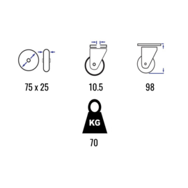 Zwenkwiel met rem, thermoplastisch rubber, velg van polypropyleen, stalen gaffel en boutgat, 75 mm diameter