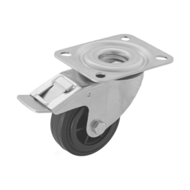 Swivel castor with brake, black rubber tire, steel fork and plate mount, 80 mm diameter