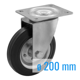 Swivel castor with black rubber tire and steel rim, steel fork and plate mount, 200 mm diameter