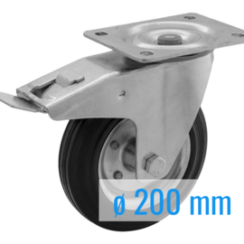 Swivel castor with brake, black rubber tire and steel rim, steel fork and plate mount, 200 mm diameter