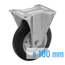 Fixed castor with black rubber tire and steel rim, steel fork and plate mount, 100 mm diameter