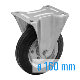 Fixed castor with black rubber tire and steel rim, steel fork and plate mount, 160 mm diameter