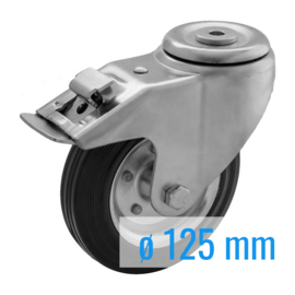 Swivel castor with brake, black rubber tire and steel rim, steel fork and bolt hole, 125 mm diameter