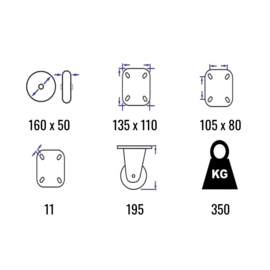 Lenkrolle mit Bremse, elastischem Gummireifen, Stahlgabel und Plattenbeschlag, 160 mm Durchmesser