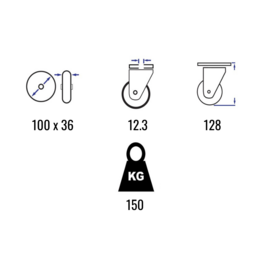 Lenkrolle mit Bremse, elastischem Gummireifen, Stahlgabel und Rückenloch, 100 mm Durchmesser