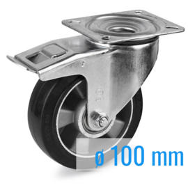 Swivel castor with brake, elastic rubber tire, aluminium rim, steel fork and plate mount, 100 mm diameter