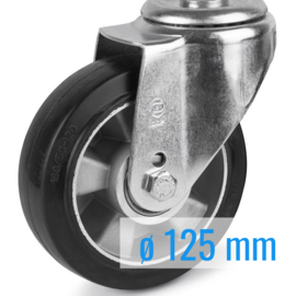 Swivel castor with elastic rubber tire, aluminium rim, steel fork and bolt hole, 125 mm diameter