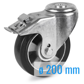 Swivel castor with brake, elastic rubber tire, aluminium rim, steel fork and bolt hole, 200 mm diameter