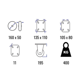 Swivel castor with nylon tire, central kingpin, steel fork and plate mount, 160 mm diameter