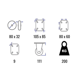 Zwenkwiel met rem, polyamide band, centrale bout, stalen gaffel en plaatbevestiging, 80 mm diameter