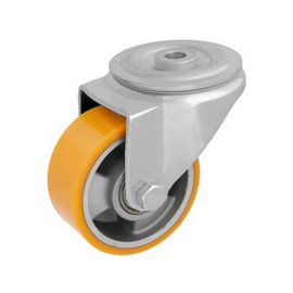 Swivel castor with polyurethane tire, central kingpin, steel fork and bolt hole, 100 mm diameter