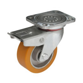 Heavy duty swivel castor with brake, polyurethane tyre, central bolt, steel fork and plate mount, 125 mm diameter